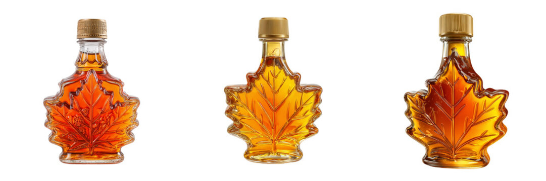 Three maple leaf shaped glass bottles filled with amber syrup isolated on a transparent background image