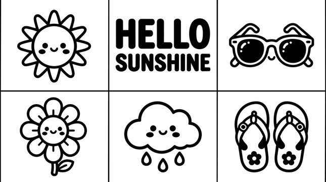 Cute smiling sun cloud flower sunglasses and flip flops with hello sunshine phrase