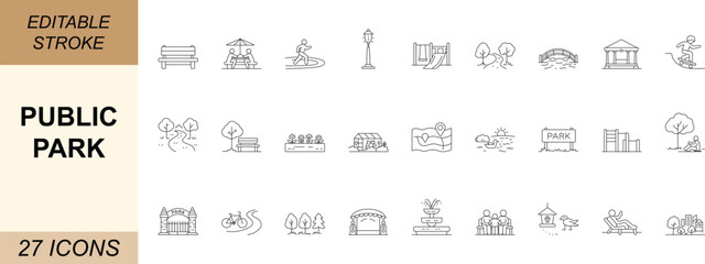 Public park line icon set. Featuring tree, bench, playground and recreation symbols in minimal vector style for web, mobile apps, tourism and city map projects. Editable stroke.
