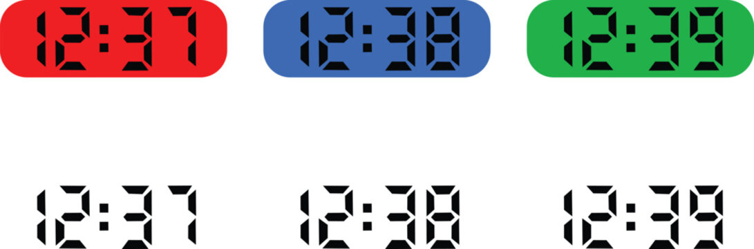Digital Clock Vector Icon Set with LCD Seven-Segment Display Numbers