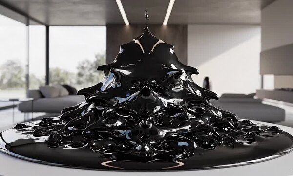 Abstract dynamic black ferrofluid liquid forming spikes and splashes in a modern setting