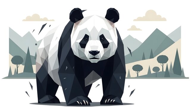 Digitally crafted low-poly giant panda illustration. Serene majestic creature in a geometric mountain landscape, reflecting wild nature's delicate elegance