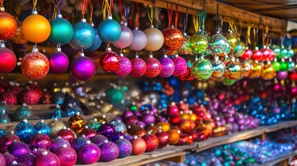 Fototapeta premium A Christmas market stall showcases a dazzling array of colorful, festive ornaments and decorations with vibrant, sparkling hues.