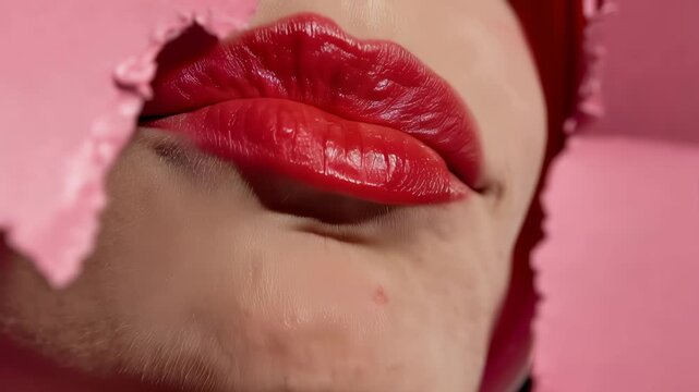 Close up of smiling lips with red lipstick and white teeth through torn pink paper, expressing beauty and playful emotion