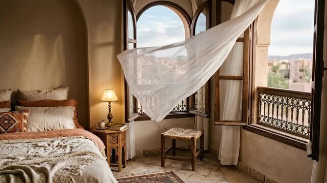 An inviting bedroom with open windows, letting in fresh air and light, features a bed and side table creating a cozy atmosphere.