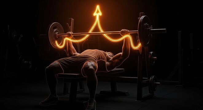 Man in dark gym setting bench pressing with glowing orange lines highlighting muscles weightlifting