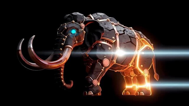 AI Infrastructure Concept Stationary 3D Mechanical Mammoth in Black Obsidian and Amber Jade, Lens Flare Scanning Effect, Professional VFX Isolated Asset, 4K Stable Render on Black
