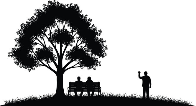 Park scene silhouette vector, couple sitting on bench under tree with person waving, outdoor nature landscape, black isolated illustration for peaceful lifestyle concept