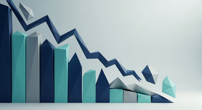 A 3D bar graph illustrates a declining trend with bars in various shades.