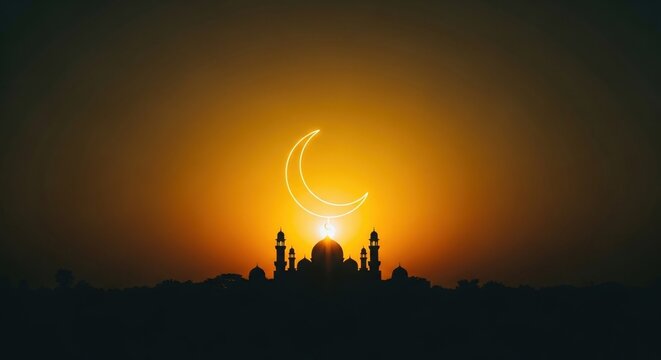 Silhouette of a mosque against orange and yellow sunset with crescent moon
