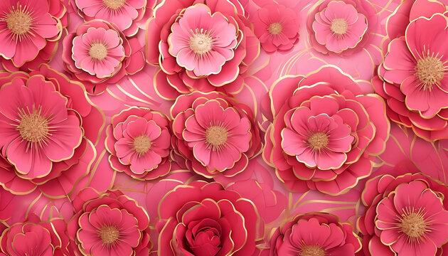 sfondo di Arte Digitale Vibrante con Fiori Rossi dai Contorni Dorati, Vibrant Digital Art Background with Red Flowers with Golden Outlines