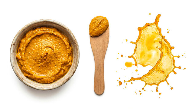 Turmeric Mustard Paste in Bowl with Wooden Spoon and Oil Splash Isolated