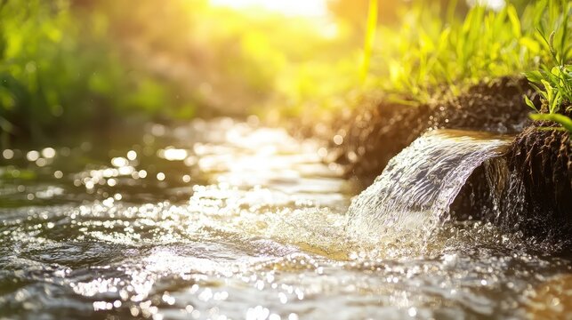 Agricultural runoff pollutes a sunlit stream in a natural environmental context