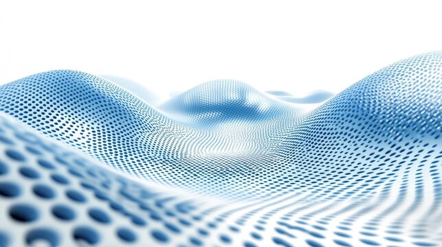 An abstract digital network pattern with flowing blue waves and soft lighting against a clean white background, representing connectivity and data flow.