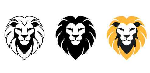 Stylized lion head illustrations with bold symmetrical mane and strong facial expression in outlined filled and golden styles © Abdul Waheed