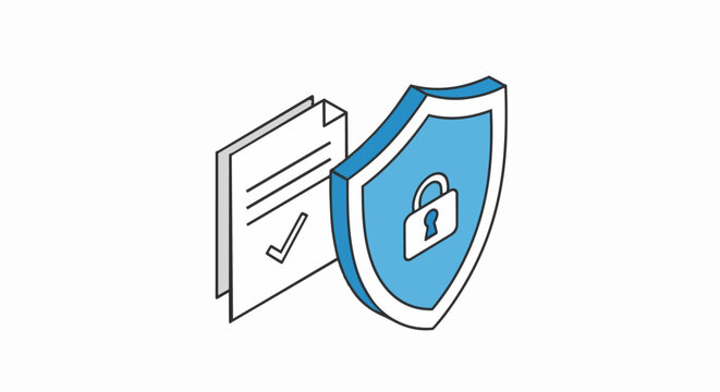 Isometric Data Security and Document Protection Concept Illustration with Shield, Padlock, and Verified Checklist for Cybersecurity and Compliance