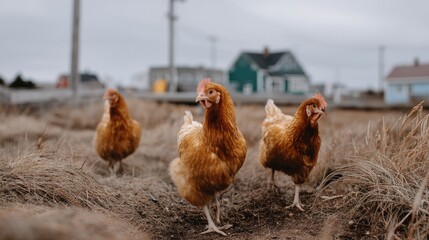 Fototapeta premium Chickens walk on a dirt path near houses in a rural area during a cloudy day with some grass in the foreground