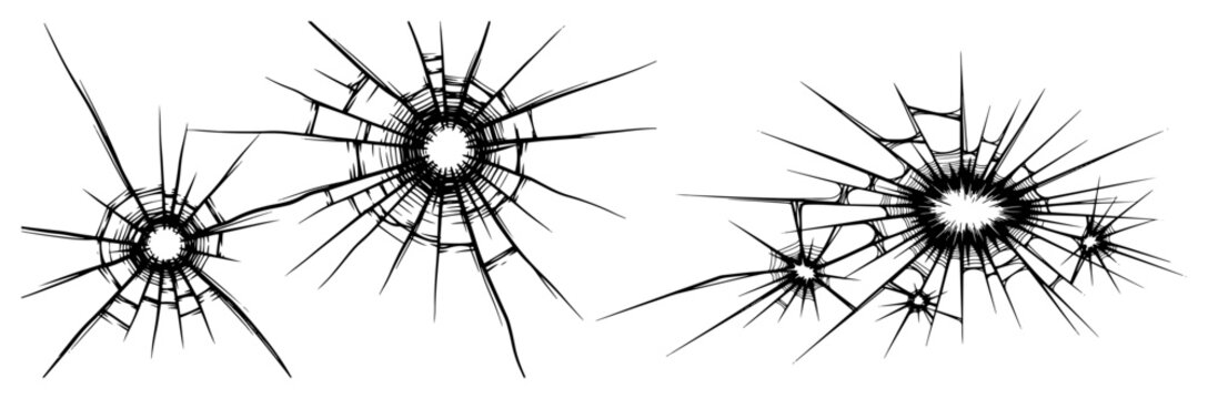 Multiple bullet holes and radial cracks in glass set in hand drawn vector line art style