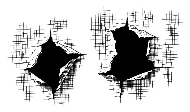 Artistic hand drawn sketch of jagged holes torn through paper with cross hatch shading