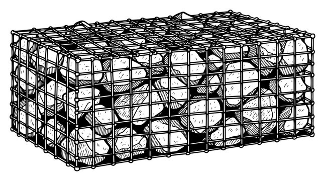 Hand drawn gabion basket filled with large rocks in vintage sketch style