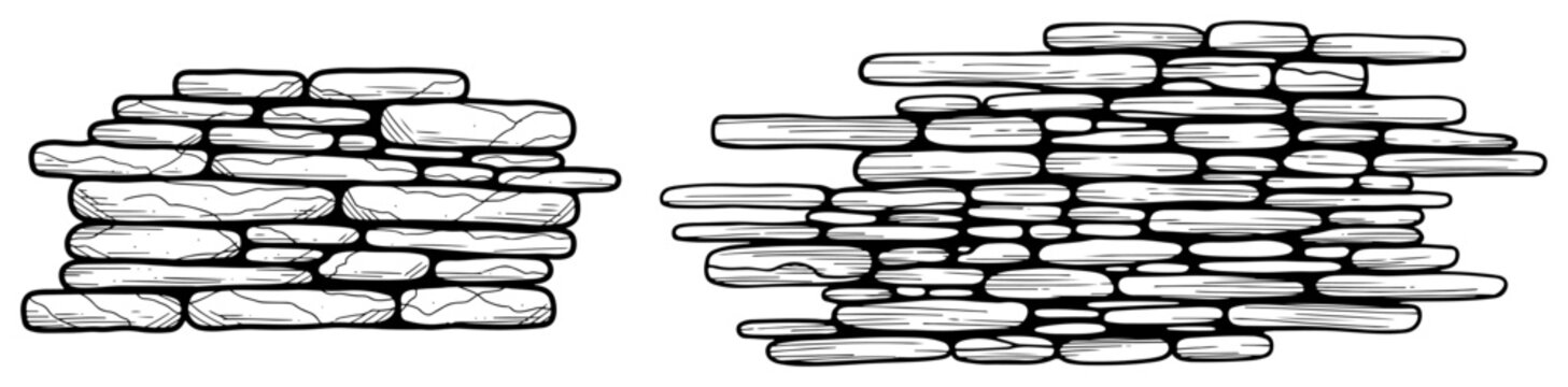 Hand drawn dry stone wall sections with layered flat rocks in sketch style
