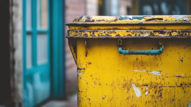 Close-up View of a Weathered Yellow Industrial Waste Container with Rust and Paint Chipping