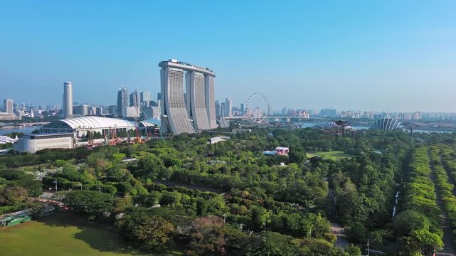 Marina bay, Singapore: Aerial view of famous island country and city-state - landscape panorama of Southeast Asia from above
