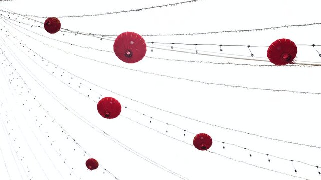 Chinese New Year celebration featuring traditional red lanterns and decorative string lights