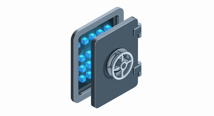 Fototapeta premium Isometric 3D Illustration of a Digital Secure Vault Protecting Glowing Data Cubes for Cybersecurity and Data Storage Concept