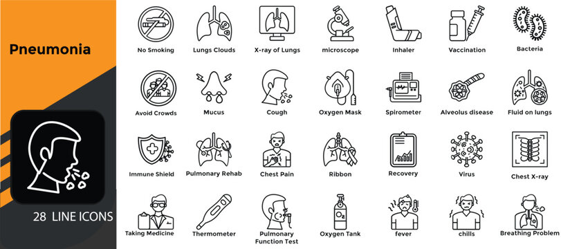 Pneumonia icons set. Includes symbols of lung infection, respiratory illness, coughing, fever, chest pain, and medical treatment. Editable stroke. Vector illustration. Outline icons.
