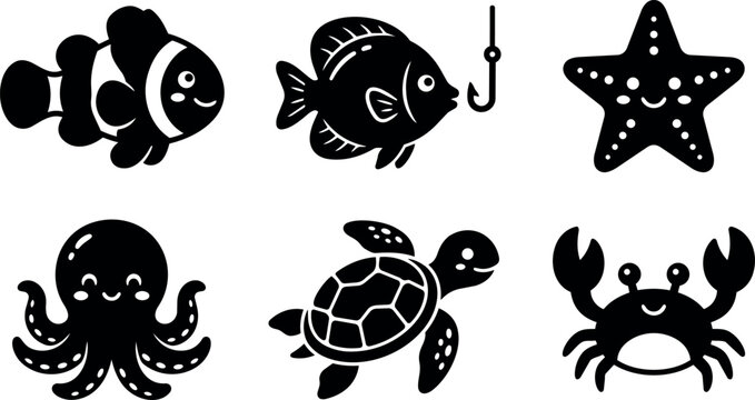 Black and white cute sea creatures including clownfish turtle and starfish vector art