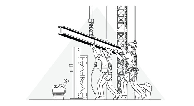 Two skilled construction workers wearing safety harnesses and helmets carefully guide a massive steel I-beam into place using a heavy-duty industrial crane hook.
