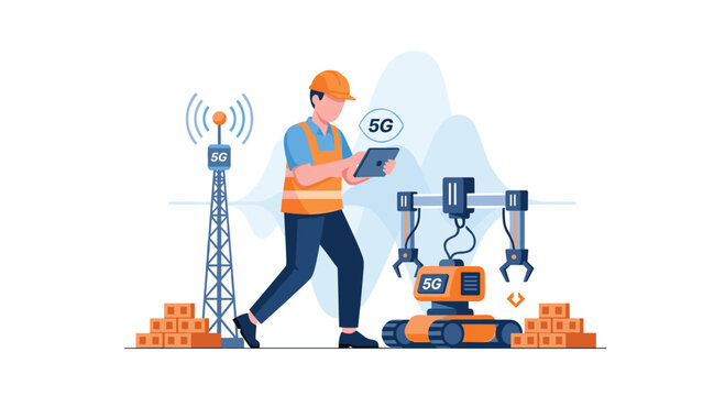 A forward-thinking construction worker utilizes a digital tablet to remotely control a sophisticated 5G robotic arm on a modern building site with bricks.