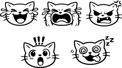 Obraz premium Funny Cat Emotion Doodle Set, Exaggerated Cartoon Cat Face Expressions Vector