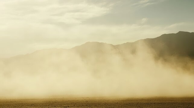 Dramatic desert dust storm creating a hazy atmospheric landscape with muted earth tones under an overcast sky