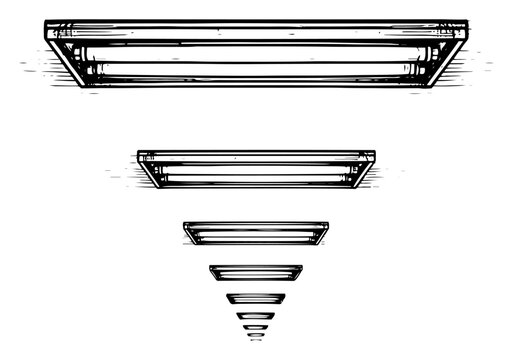 Vintage woodcut style illustration of fluorescent light tubes in descending perspective
