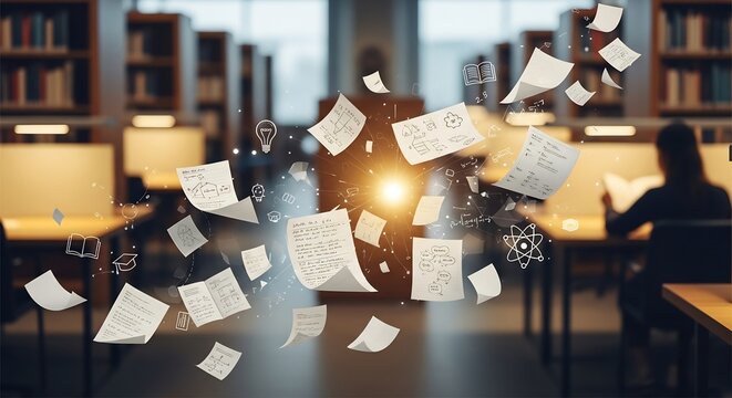 Scattered Papers and Scientific Symbols in a Library Setting.