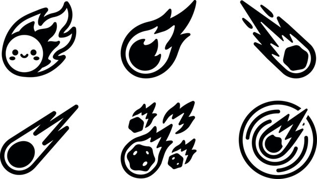 Black and white cute fireball and meteor icons set vector art