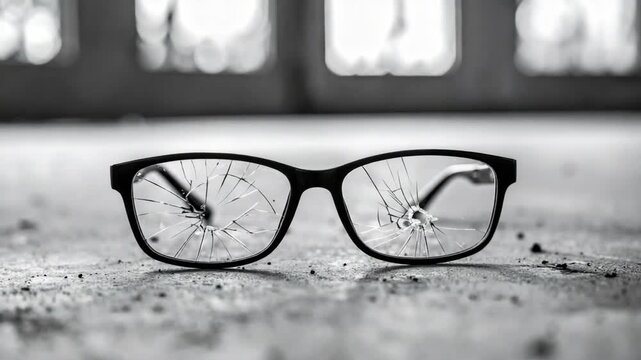 Shattered eyeglasses on dusty ground, symbolizing broken vision and despair