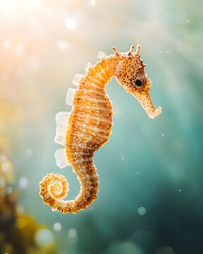 Seepferdchen, Meer, Ozean, Unterwasser, Wasser, Licht, Sonnenlicht, Natur, Tier, Tierwelt, maritim, warm, weich, Bokeh, Hintergrund, Copy Space, Freiraum, Emotion, ruhig, Entspannung, Sommer, Urlaub, 