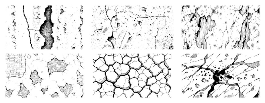 Collection of six vintage woodcut engraving style cracked wall and stone textures