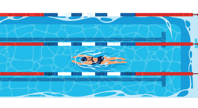 An overhead view of a female swimmer performing backstroke in a blue swimming pool with colored lane ropes.