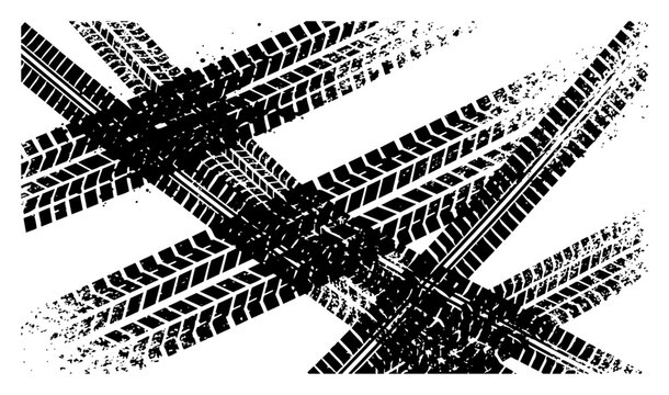 Grungy tire tracks and overlapping tread marks on white background