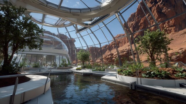Reflective pool inside martian biodome beside lush planters and curved seating, glass dome opening to redland vistas, tranquil resortlike atmosphere blending horticulture, water features and upscale