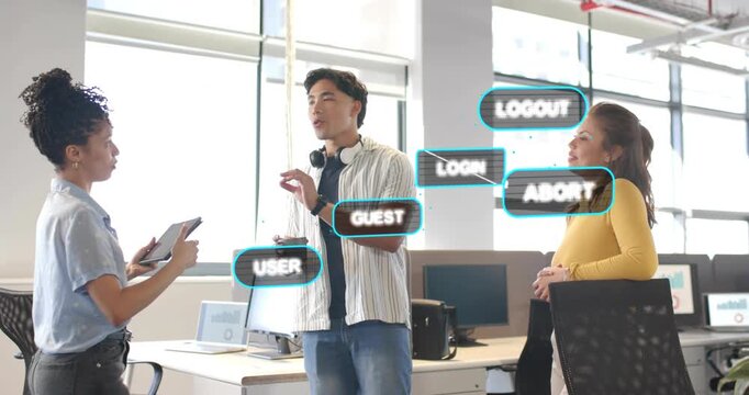 Diverse coworkers discussing at office, left woman tapping tablet and smartphone, labels clustering