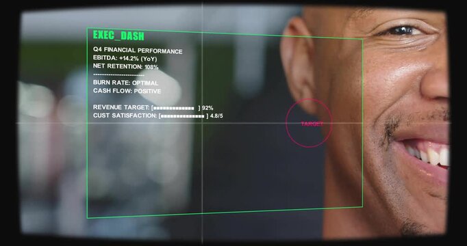 System activating scanning right half man's smile, EXEC_DASH animating left stats showing Q4 gains