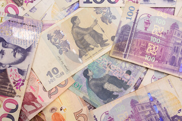 Obraz premium Horizontal photo. One hundred, ten, five lari paper banknote. 100, 10, 5 GEL bill. Georgian cash money. Paper banknotes of Georgia. Concept of bank, loan, wages, debt, credit, pay tax, bribe, check