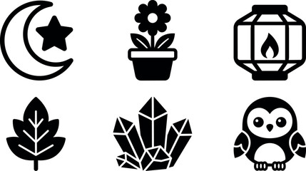 Fototapeta premium Black and white vector icons moon star flower leaf lamp crystals owl