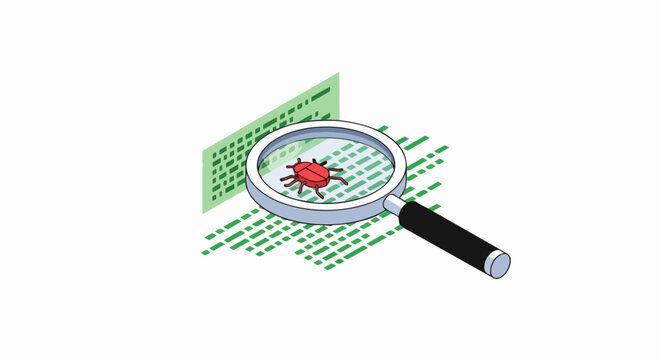 Software Debugging Isometric Illustration with Magnifying Glass and Red Bug on Digital Code