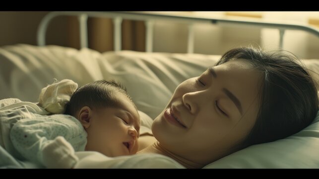 Mother and Newborn Baby Sleeping in Hospital Bed in Warm Soft Light